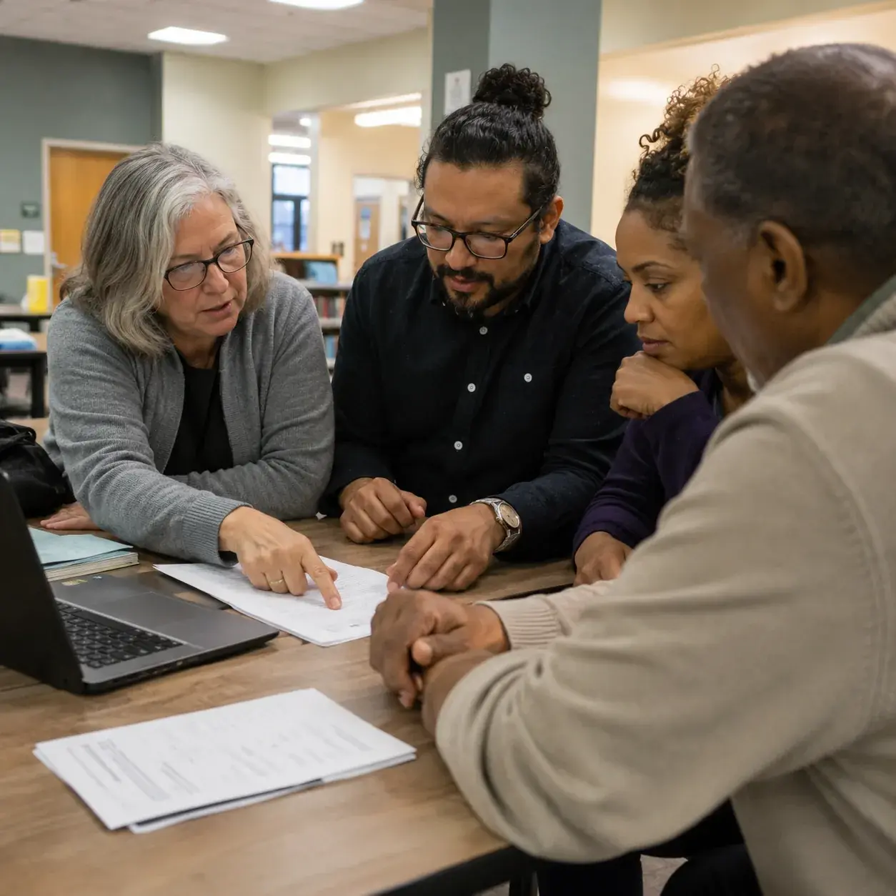 A diverse group of adults engaged in a collaborative business discussion at a table