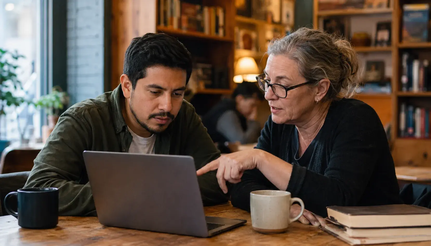 A mentor and participant working together on a laptop