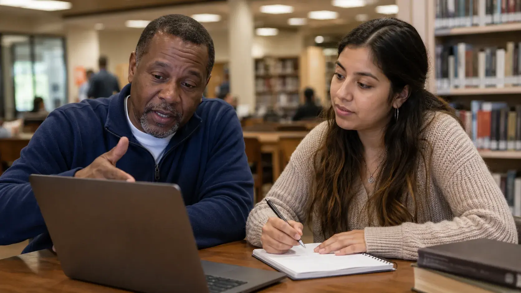 A volunteer mentor working with a participant in a library