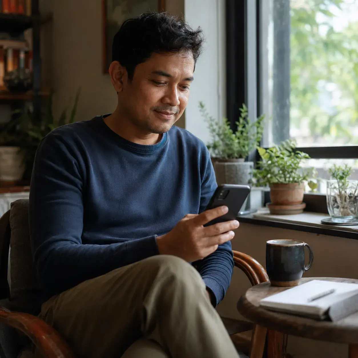 A program participant looking at their phone with a hopeful expression