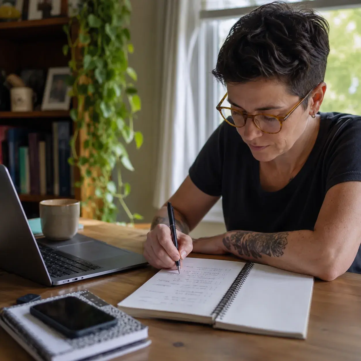 A participant working methodically through a structured business plan with a laptop and notebook