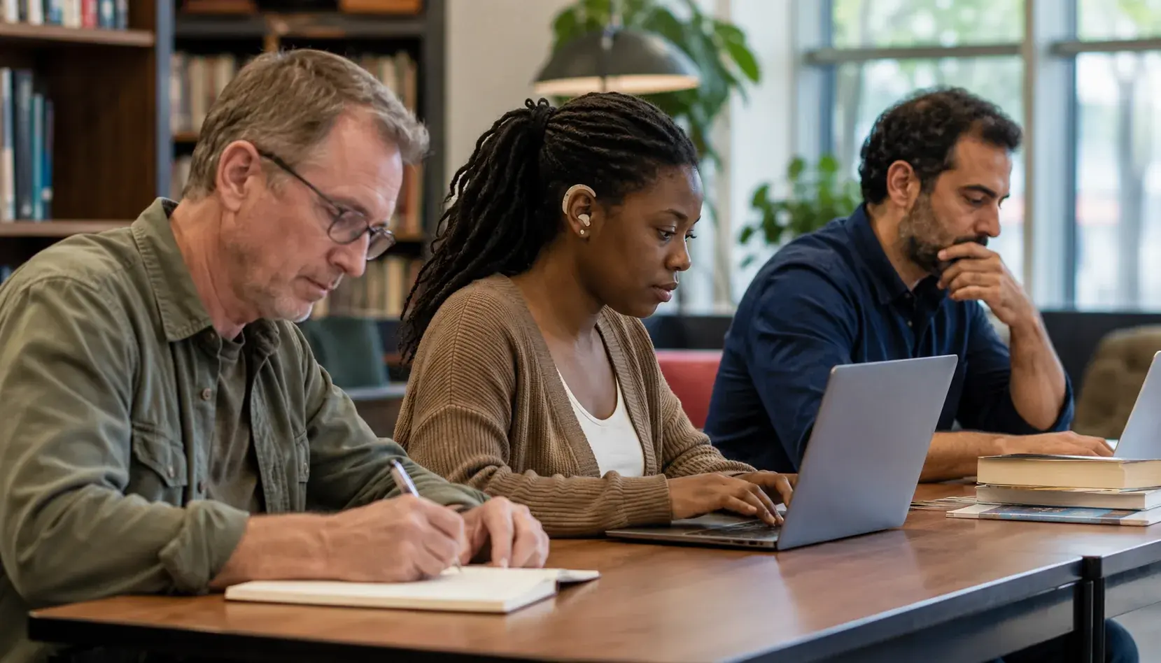 Diverse adults working on their businesses at a library